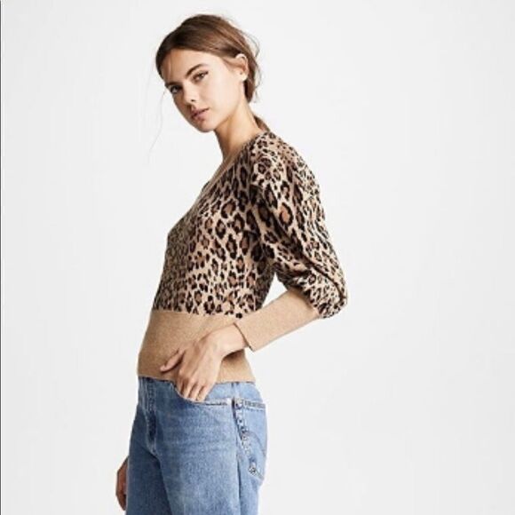 FRAME Womens Small Petite Cheetah Leopard Wool Blend Sweater Brown Tan - Picture 7 of 10